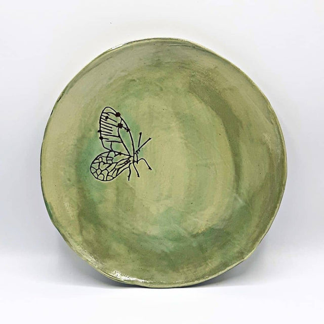 Plato llano de Gres Verde con Mariposas - Ediciones Limitadas